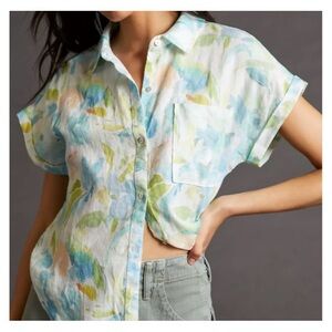 Anthropologie Cloth & Stone Linen Surf Shirt Short Cuffed Sleeve Pastel Colors